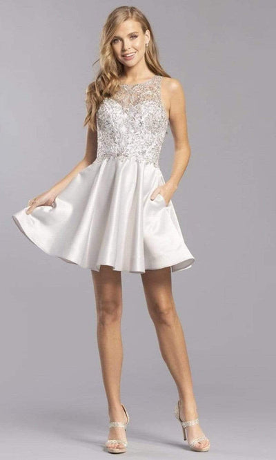 Trevi Collection - S2325 Jewel Neck Satin Embellished Short Dress Cocktail Dresses XXS / Silver