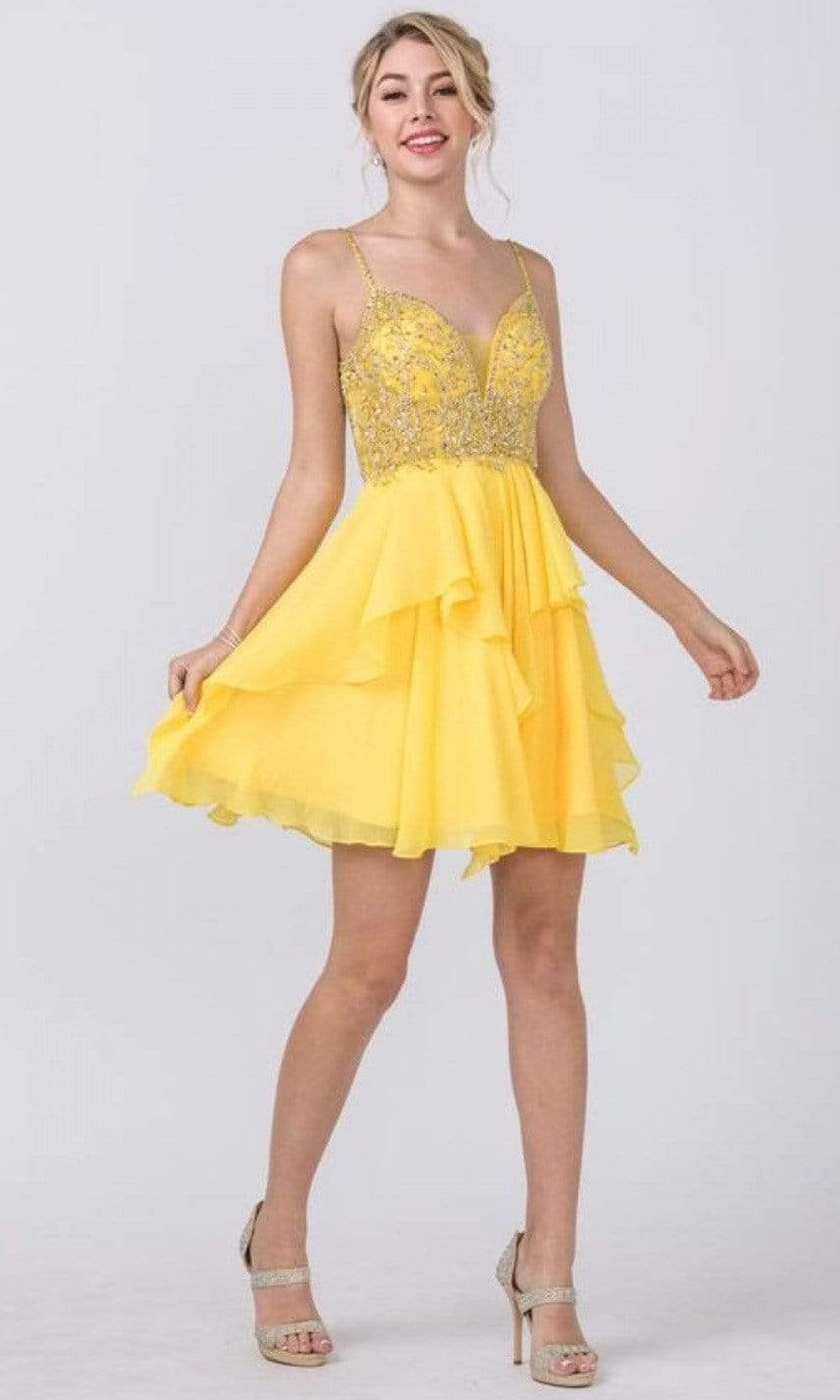 Trevi Collection - S2334 V Neck Beaded Chiffon Short Dress Cocktail Dresses XXS / Yellow