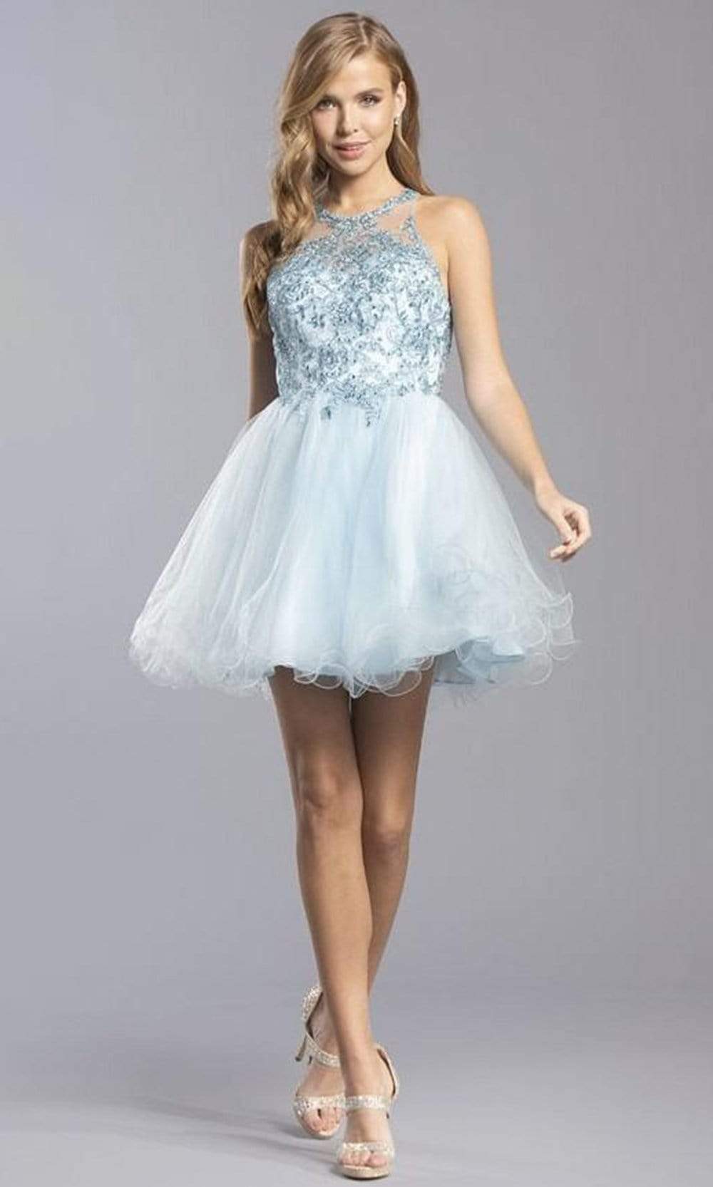 Trevi Collection - S2335 Appliqued Strappy Back Short Dress Homecoming Dresses XXS / Baby Blue