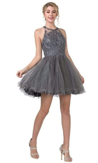 Trevi Collection - S2335 Appliqued Strappy Back Short Dress Homecoming Dresses XXS / Charcoal