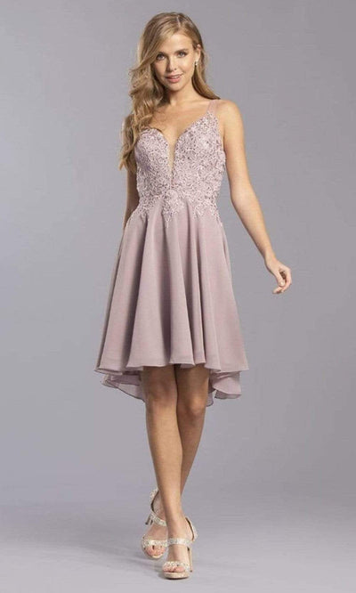 Trevi Collection - S2336 V Neck Embroidered High Low Dress Cocktail Dresses XXS / Mauve