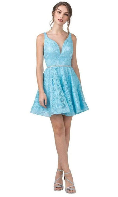 Trevi Collection - S2362 V Neck Lace Short Dress Cocktail Dresses XXS / Aqua