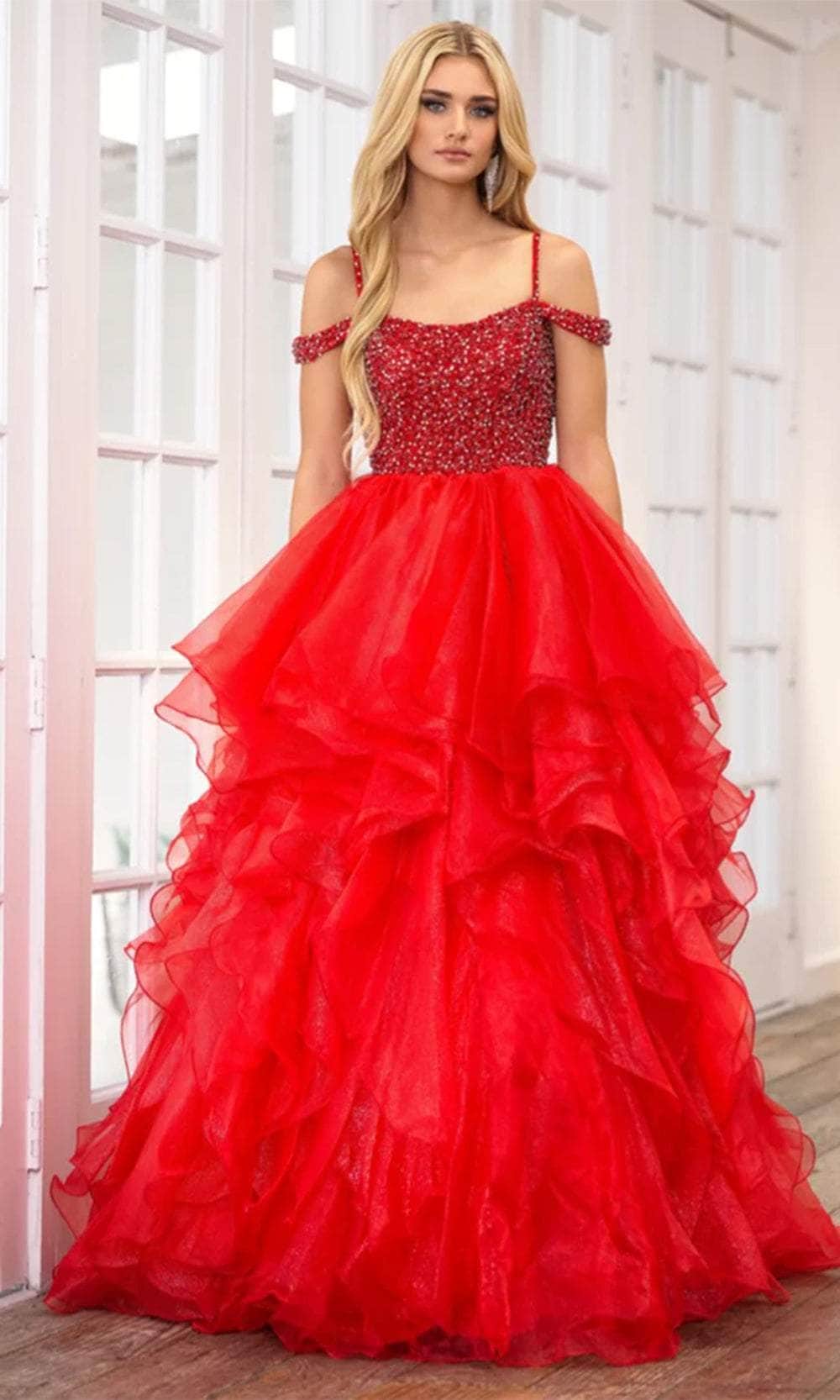 Ava Presley 28557 - Off Shoulder Ruffled Prom Gown Prom Dresses 00 / Red