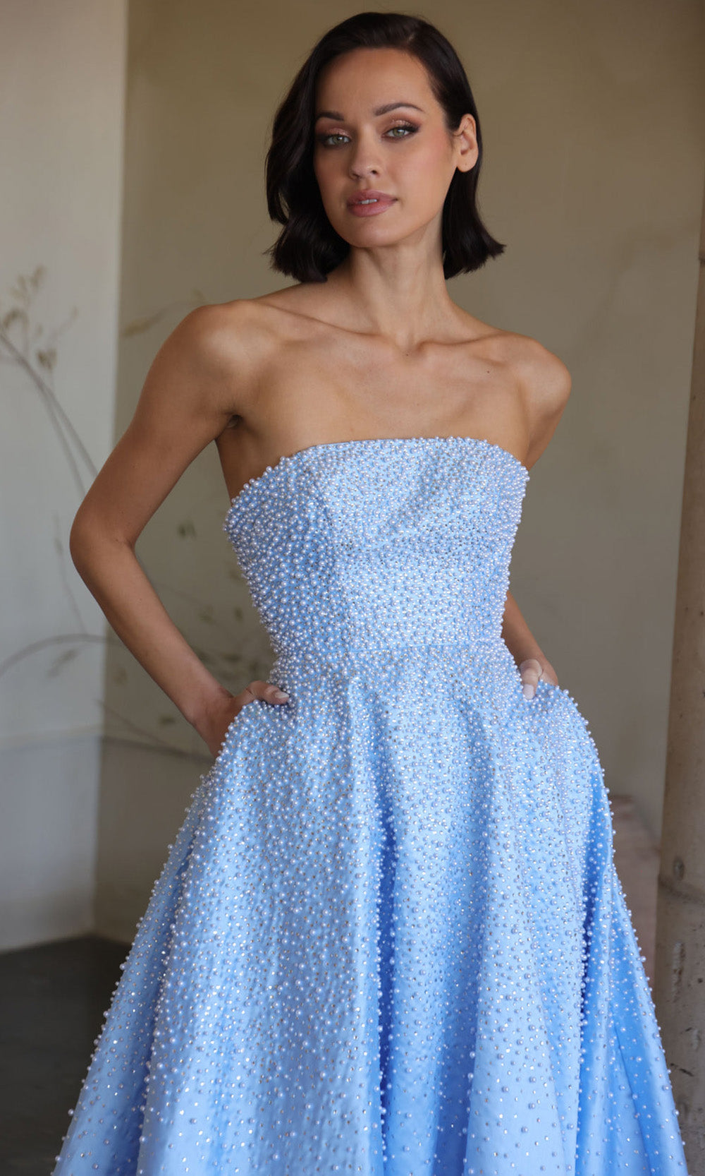 Ava Presley 42500 - Strapless Satin Pearl Embellished Gown Evening Dresses in Blue  