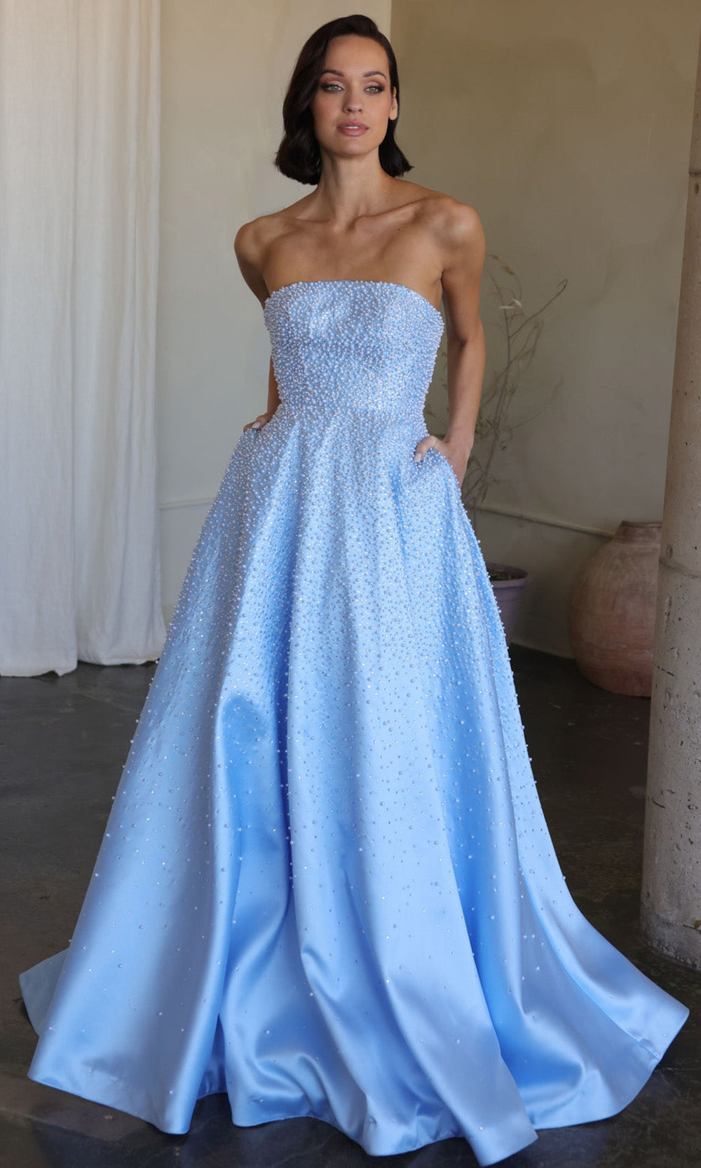 Ava Presley 42500 - Strapless Satin Pearl Embellished Gown Evening Dresses in Blue  