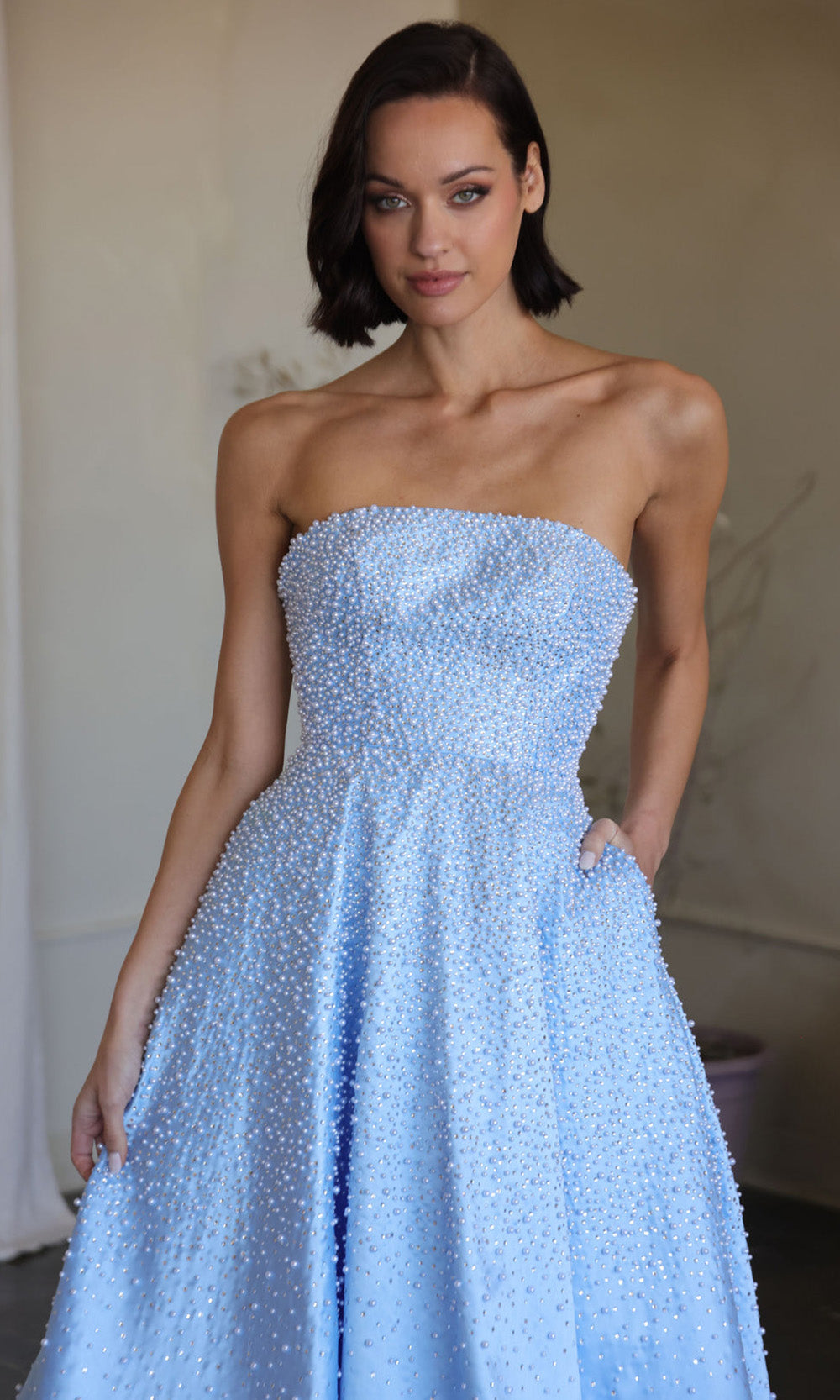 Ava Presley 42500 - Strapless Satin Pearl Embellished Gown Evening Dresses in Blue  