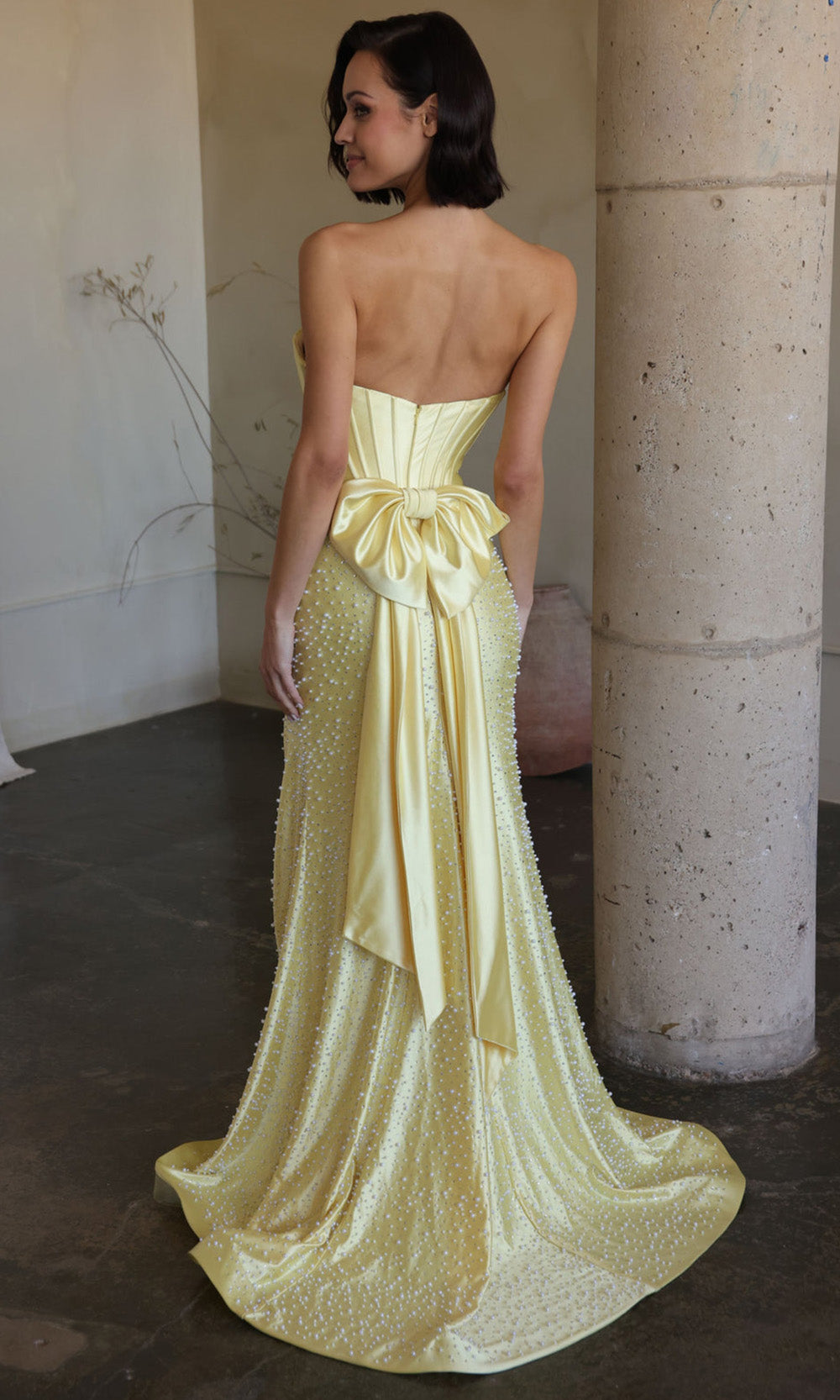 Ava Presley 42513 - Corset Bodice Pearl Embellished Sheath Gown Prom Dresses in Yellow  