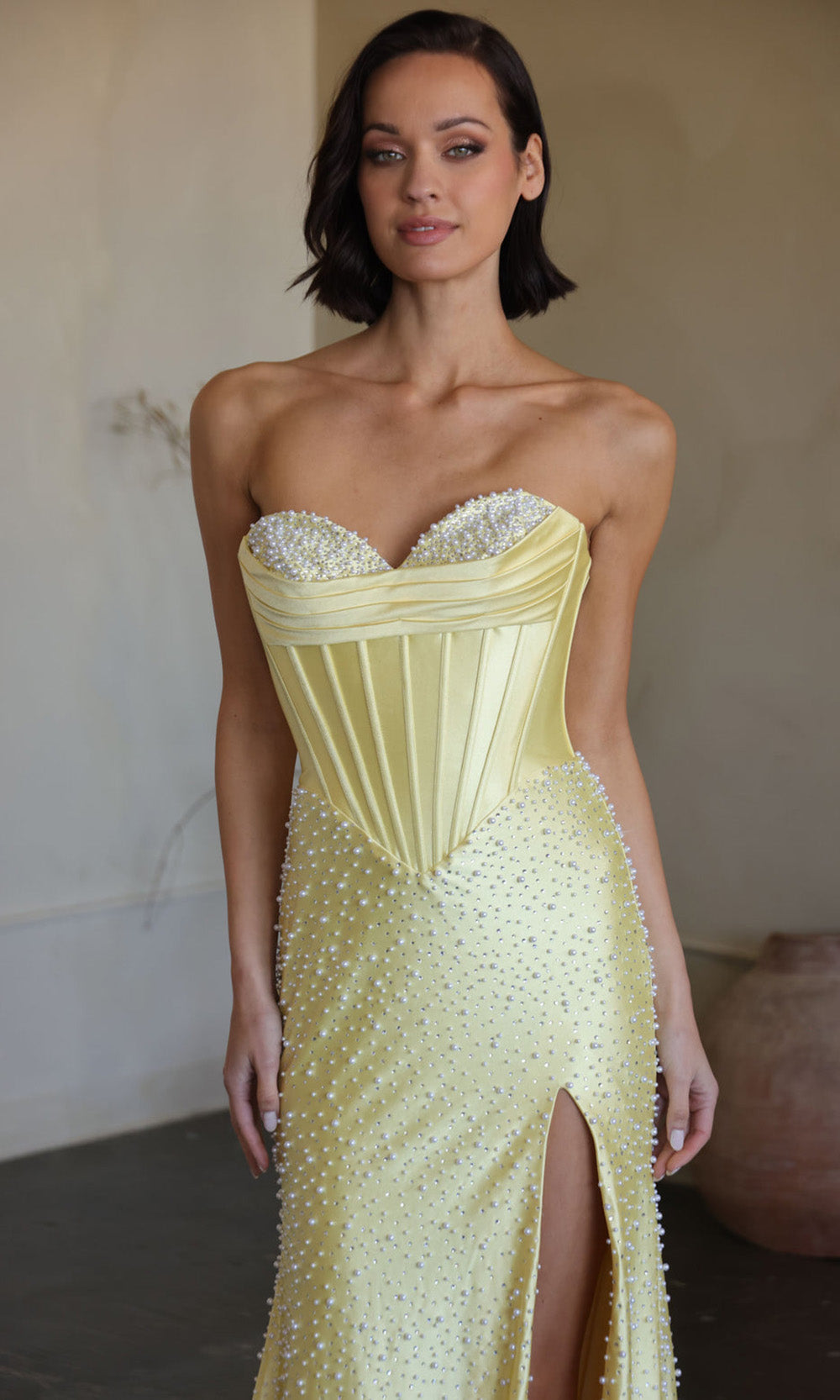 Ava Presley 42513 - Corset Bodice Pearl Embellished Sheath Gown Prom Dresses in Yellow  