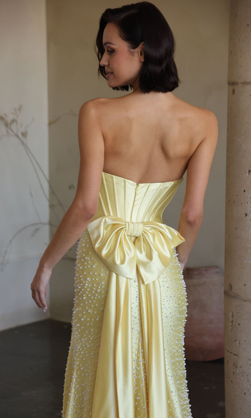 Ava Presley 42513 - Corset Bodice Pearl Embellished Sheath Gown Prom Dresses in Yellow  
