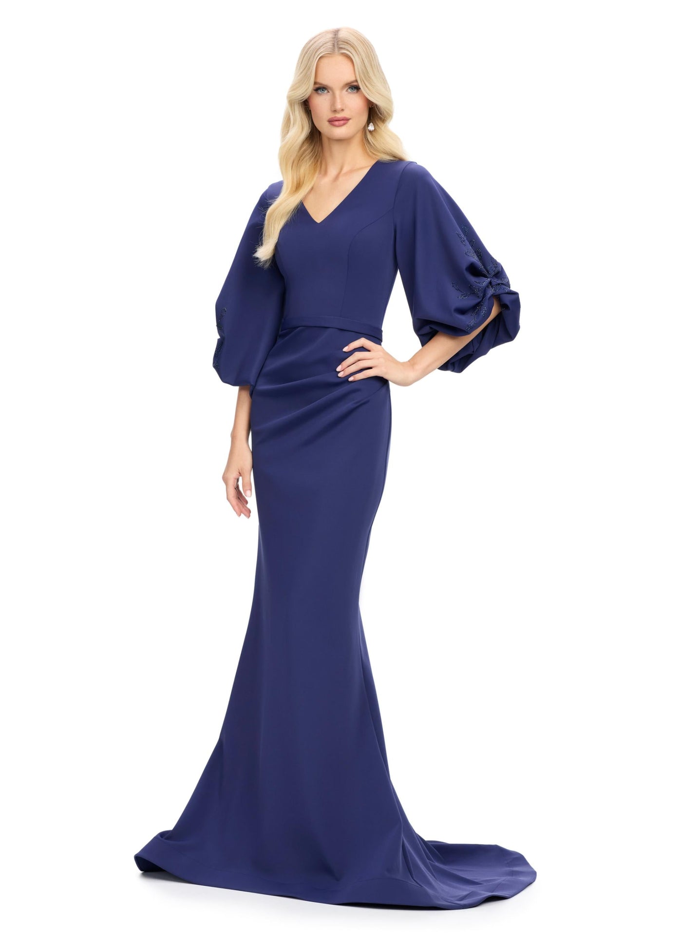 Ashley Lauren 11740 - Balloon Sleeve Mermaid Evening Gown In Blue