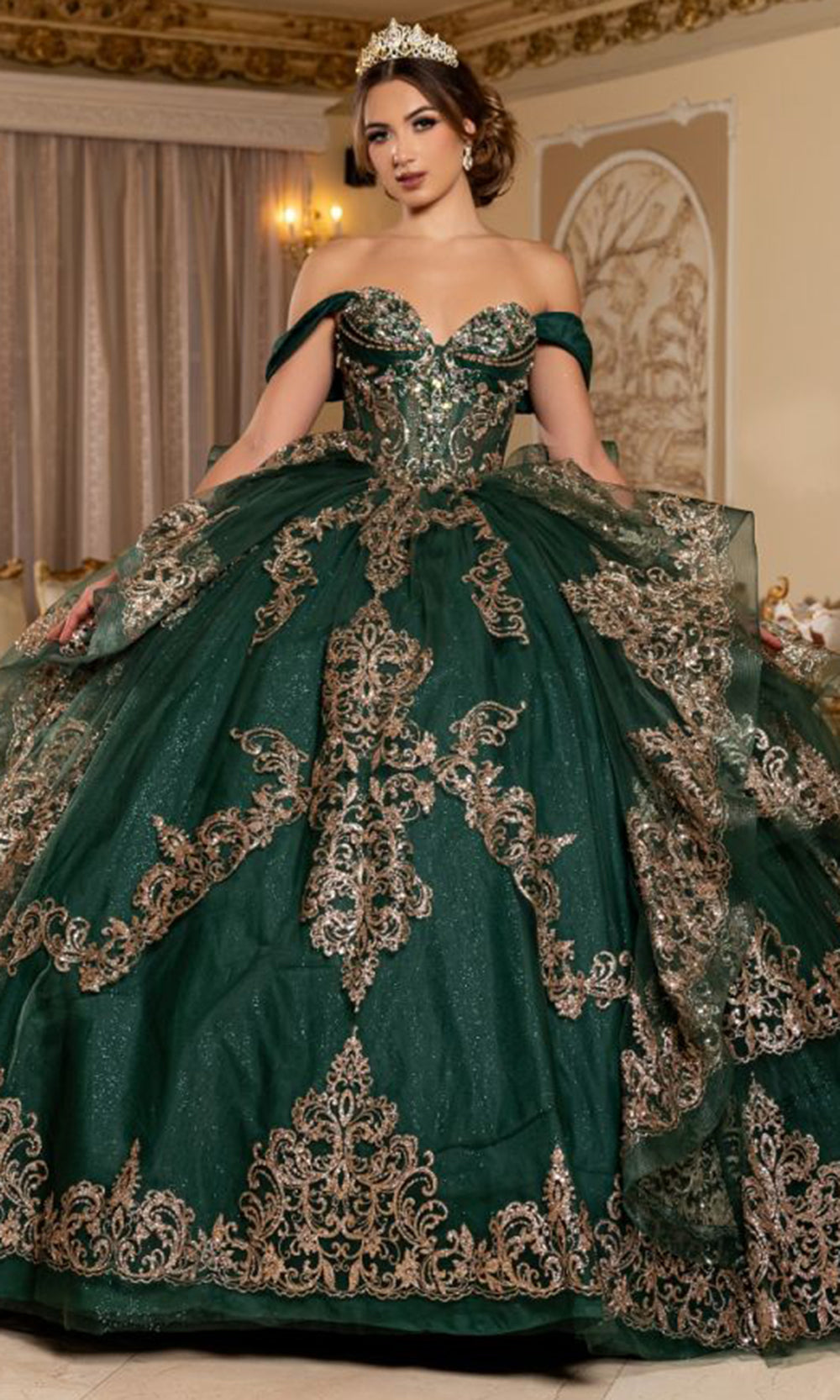 May Queen LK302 - Off Shoulder Embroidered Ballgown Quinceanera Dresses in Green 