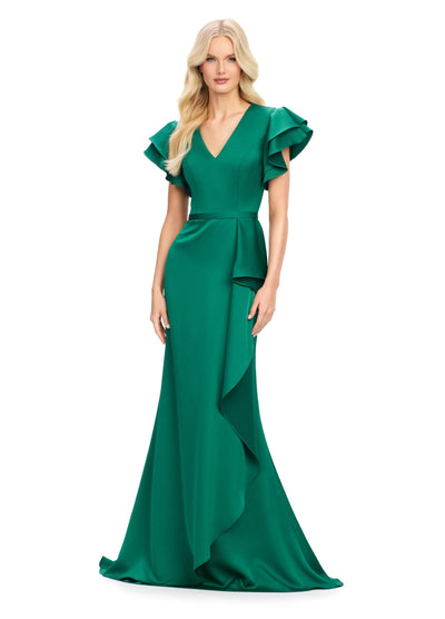 Ashley Lauren 11737 - Flutter Sleeve Ruffle Evening Gown In Green