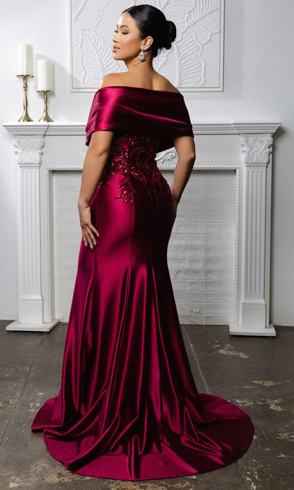 May Queen MQ2174B - Pleated Shoulder Wrap Evening Dress Mother Of The Bride Dresses in Burgundy 