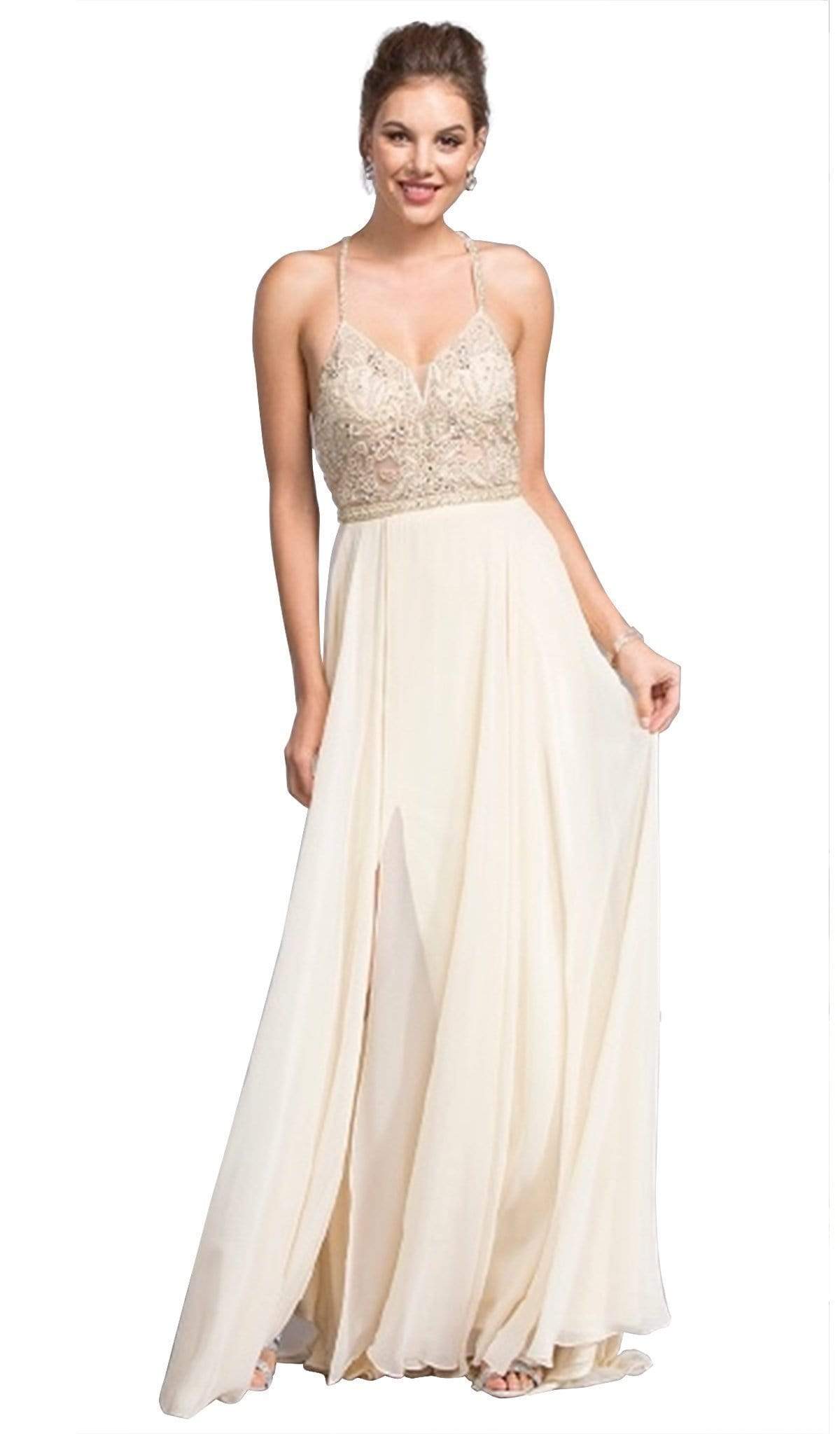 Beaded Halter V-neck Prom A-line Dress Dress XXS / Champagne