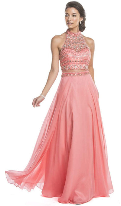 Beaded High Halter A-Line Evening Dress Dress XXS / Coral