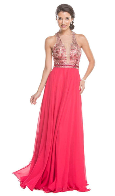 Beaded Illusion Halter A-Line Evening Dress Dress XXS / Fuchsia