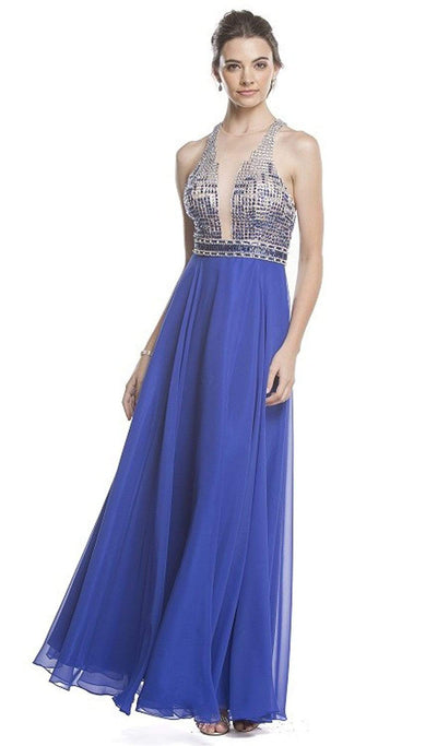 Beaded Illusion Halter A-Line Evening Dress Dress XXS / Royal