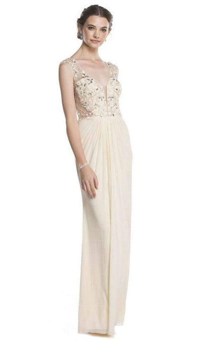 Beaded Plunging Sheath Evening Dress Dress XXS / Champagne