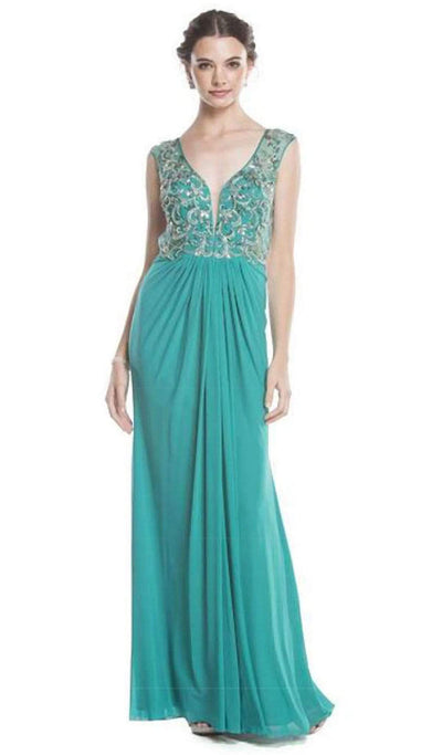 Beaded Plunging Sheath Evening Dress Dress XXS / Teal