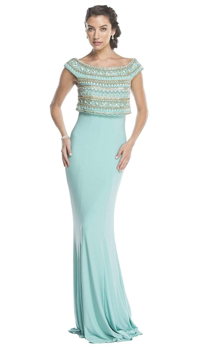 Bedazzled Bateau Neck Fitted Prom Dress Dress XXS / Light-Aqua