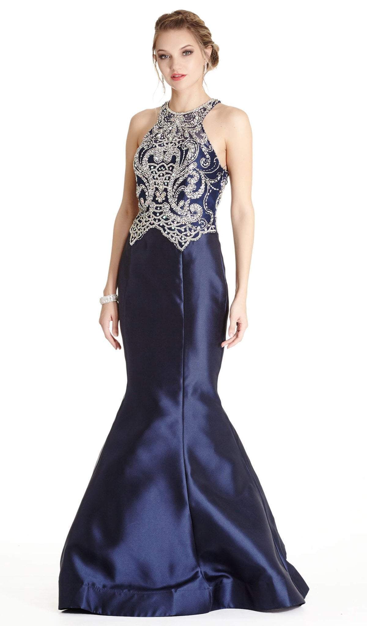 Bedazzled Halter Mermaid Evening Dress Evening Dresses XXS / Navy