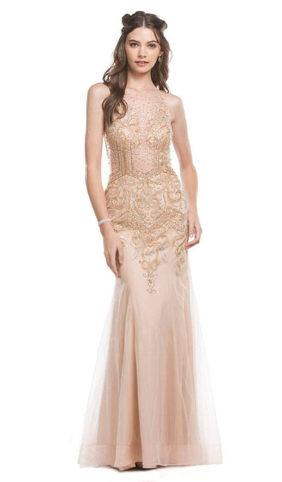 Bedazzled Illusion Bateau Sheath Evening Dress Dress XXS / Champagne