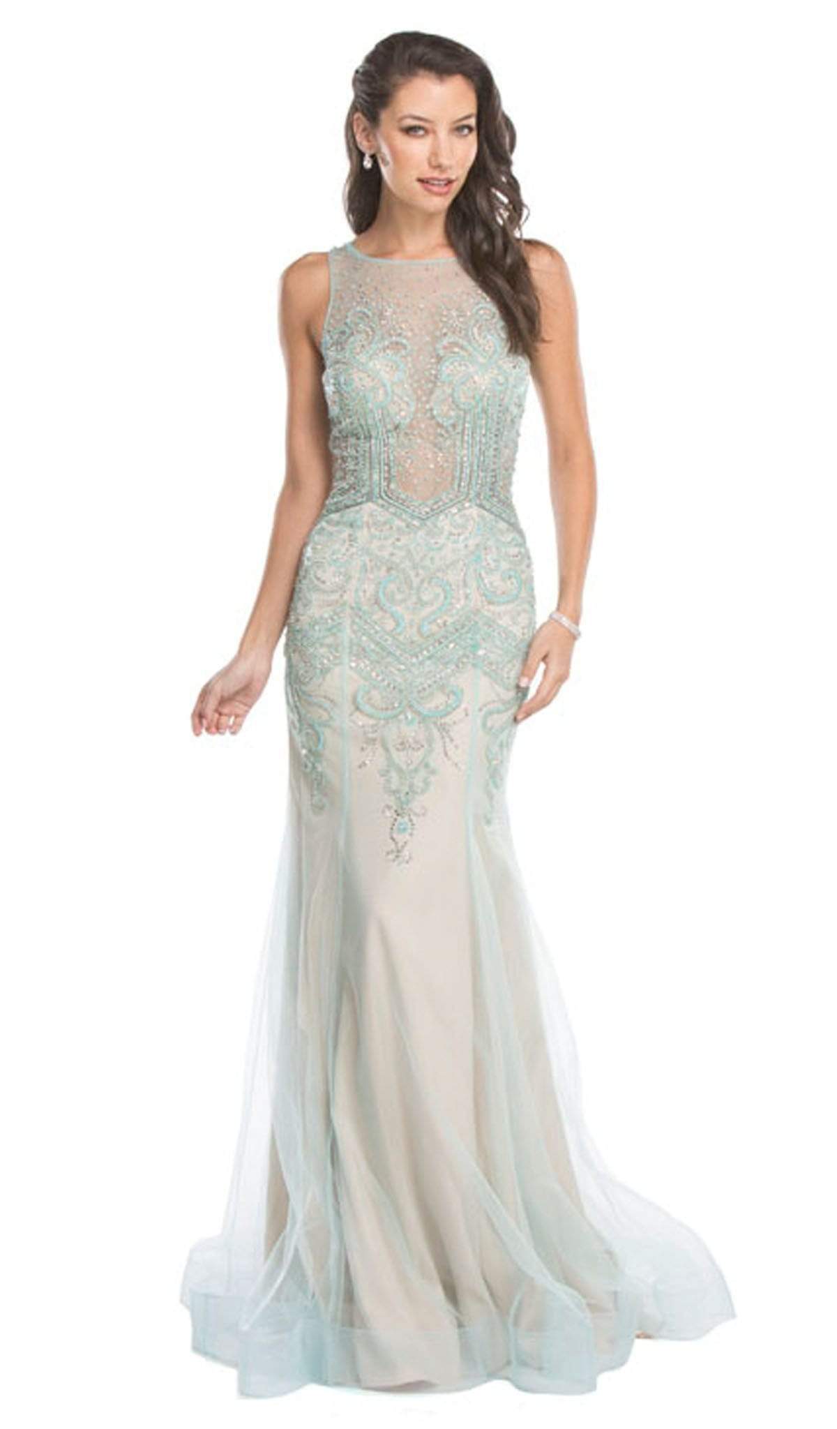 Bedazzled Illusion Bateau Sheath Evening Dress Dress XXS / Light-Aqua