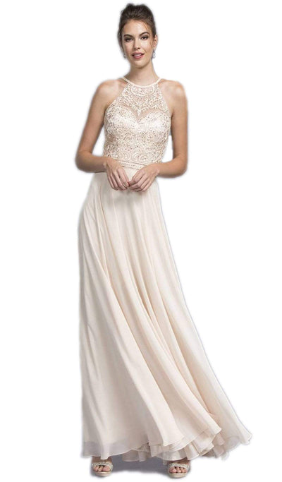 Bedazzled Illusion Halter A-line Evening Dress Evening Dresses XXS / Champagne