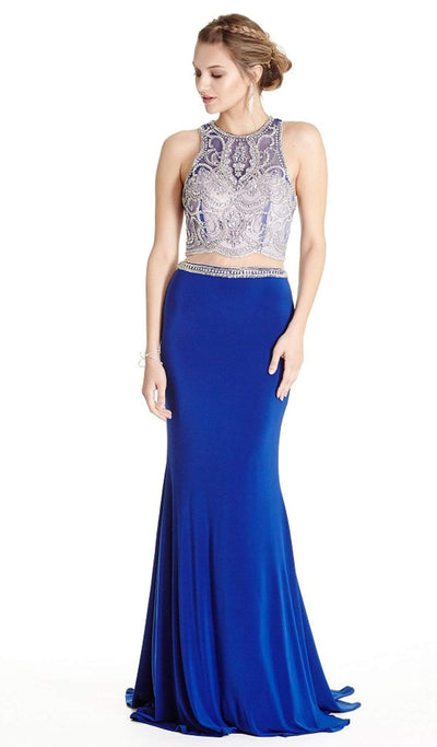 Bedazzled Mock Two Piece Sheath Prom Dress Prom Dresses XXS / Royal