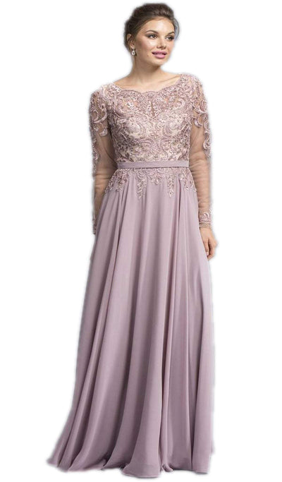 Bedazzled Scalloped Bateau A-line Evening Dress Evening Dresses XXS / Mauve