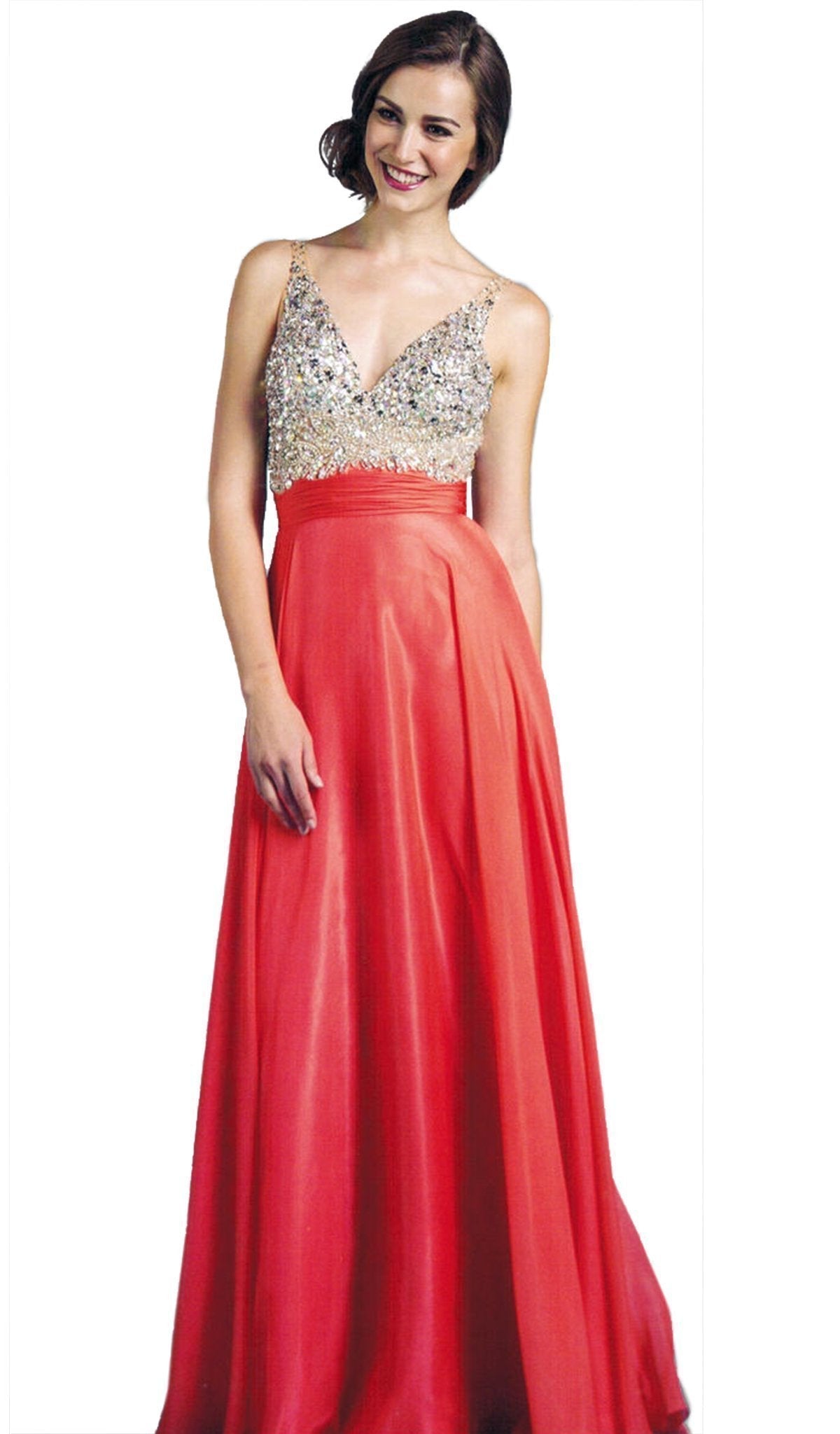 Bedazzled Sleeveless Deep V Neckline Prom Dress Dress XXS / Peach Cora