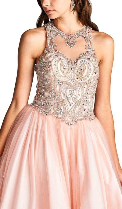 Bejeweled Illusion Halter Evening Ballgown Dress