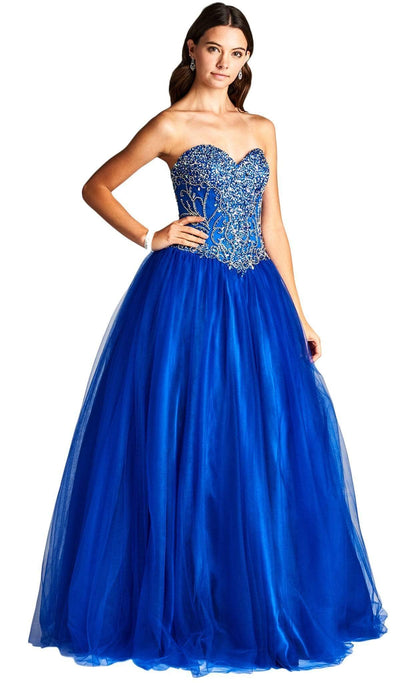 Bejeweled Strapless Sweetheart Evening Ballgown Dress XXS / Royal