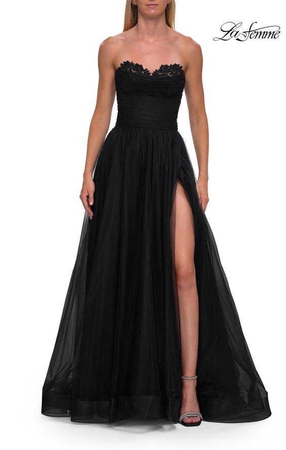 La Femme 33363 - Ruched Strapless High-Slit Prom Gown