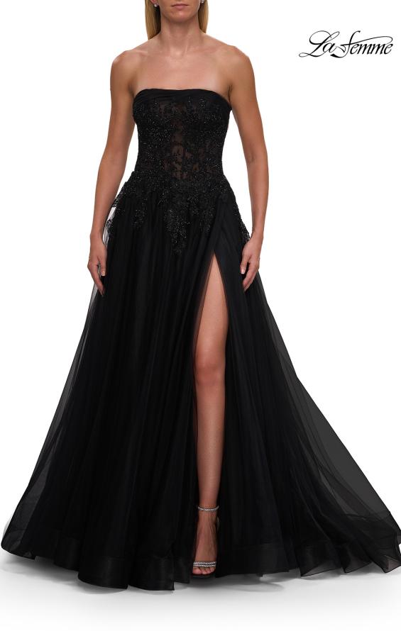 La Femme 33528 - Beaded Lace Straight Neckline Gown