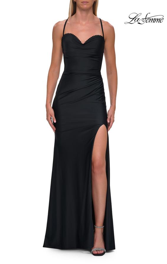 La Femme 33361 - High Slit Sweetheart Gown with Lace Trim