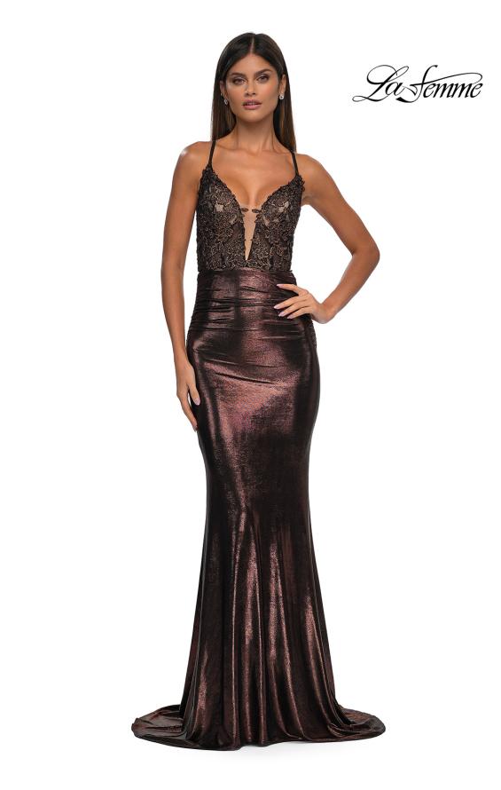 La Femme 33059 - Applique Metallic Jersey Prom Gown