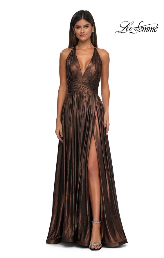 La Femme 32917 - Plunging Neck Metallic Prom Gown