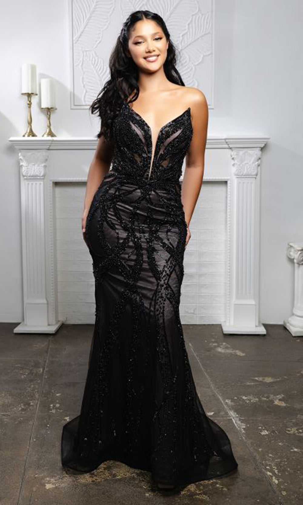 May Queen RQ8211 - Lace-Up Back Beaded Pattern Evening Gown