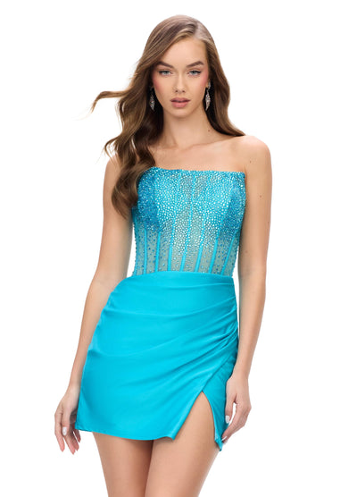 Ashley Lauren 4686 - Beaded Corset Cocktail Dress In Blue