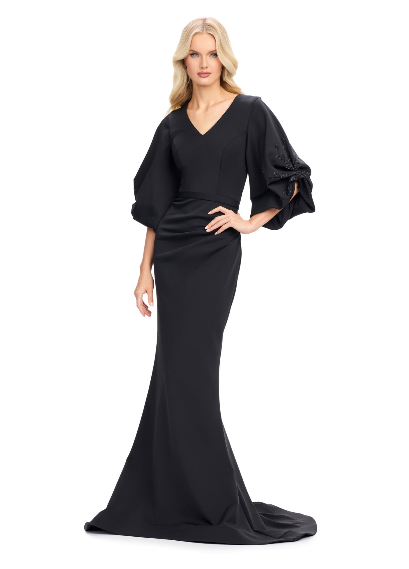 Ashley Lauren 11740 - Balloon Sleeve Mermaid Evening Gown In Black