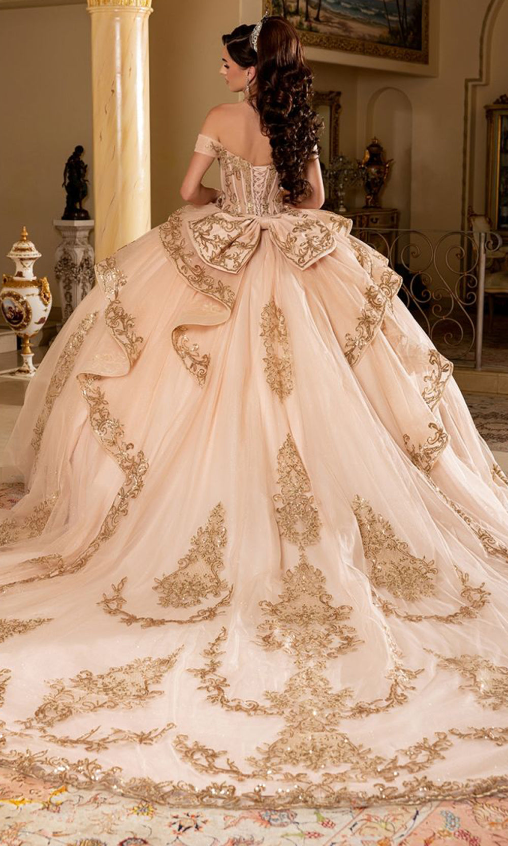 May Queen LK303 - Off Shoulder Embroidered Ballgown Quinceanera Dresses in Champagne Gold