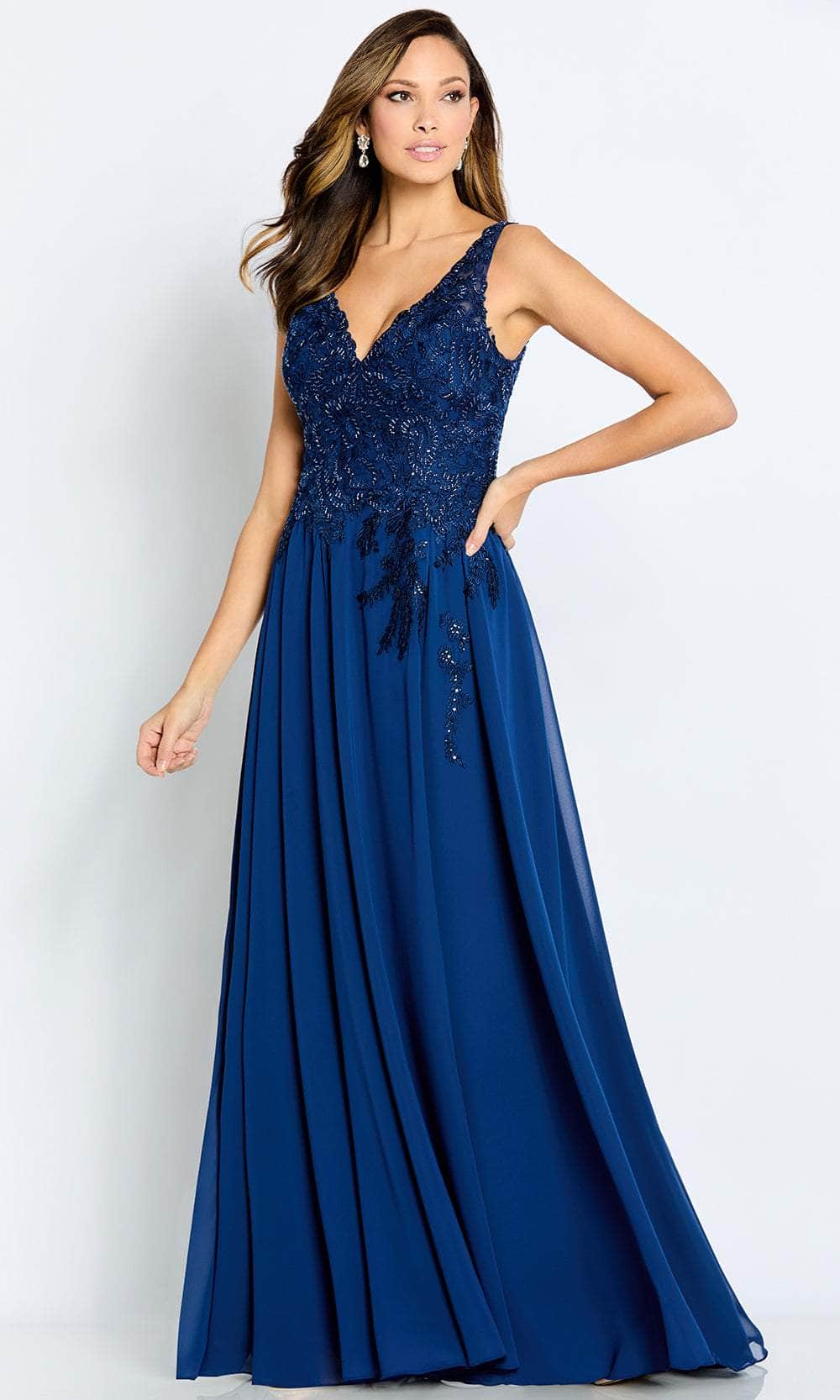 Cameron Blake CB117 - V-Neck Beaded Lace Evening Gown Special Occasion Dress 4 / Navy