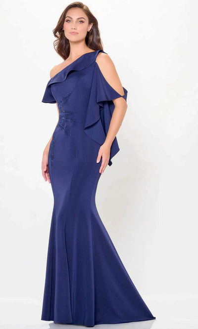 Cameron Blake CB3237 - Ruffle Draped One Shoulder Evening Gown Special Occasion Dresses 4 / Navy