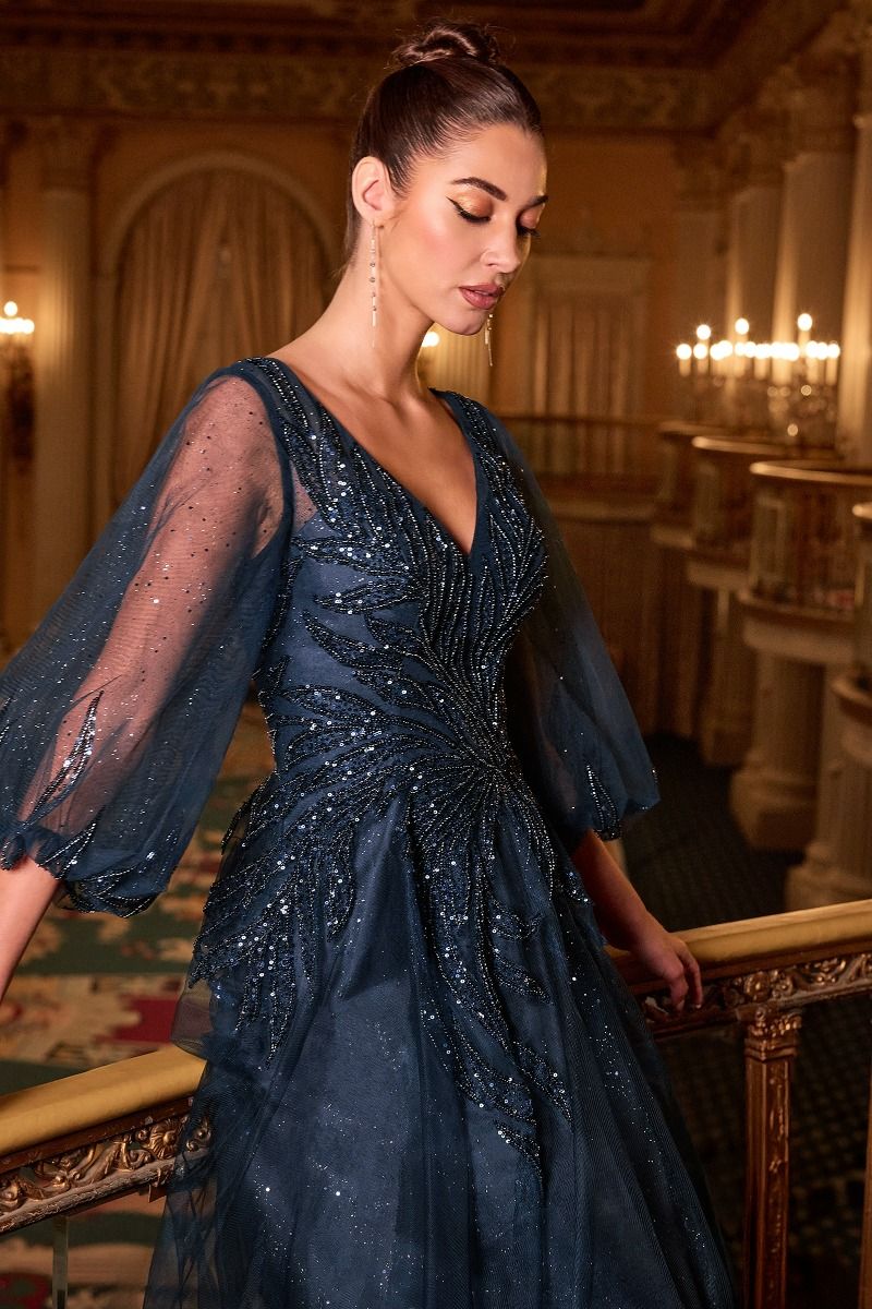 Ladivine CD0101 - V-Neck Sheer Sleeve Evening Gown Formal Gowns in Blue