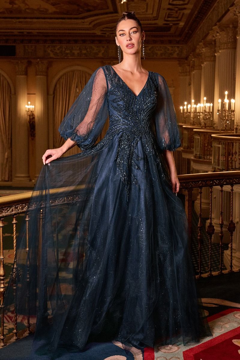 Ladivine CD0101 - V-Neck Sheer Sleeve Evening Gown Formal Gowns in Blue