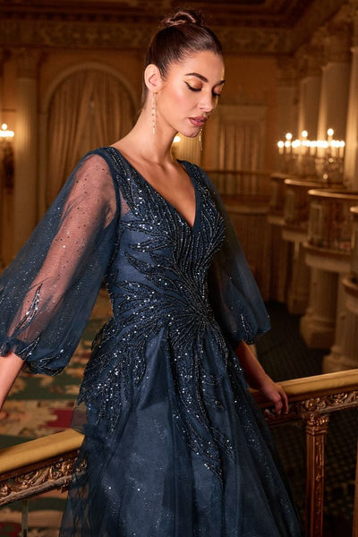Ladivine CD0101 - V-Neck Sheer Sleeve Evening Gown Formal Gowns in Blue