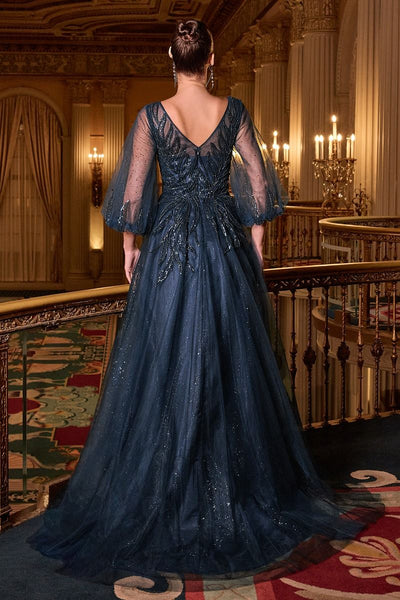 Ladivine CD0101 - V-Neck Sheer Sleeve Evening Gown Formal Gowns in Blue