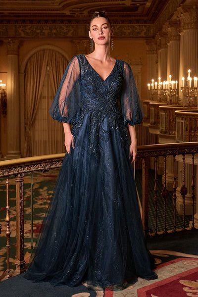 Ladivine CD0101 - V-Neck Sheer Sleeve Evening Gown Formal Gowns in Blue
