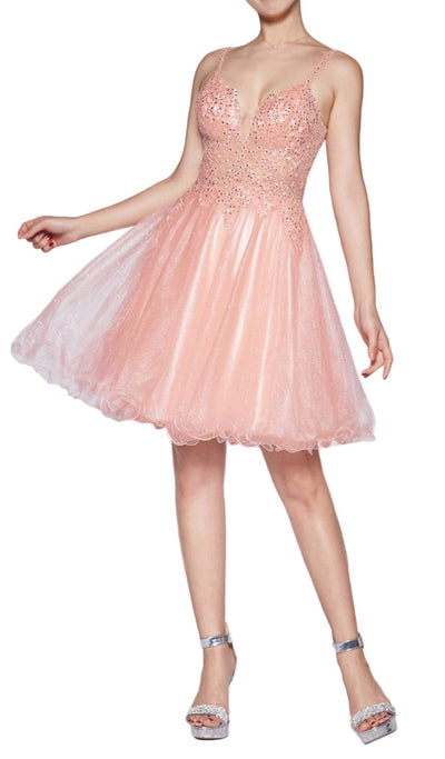 Ladivine - CD0137 Jeweled Lace Glitter Tulle Cocktail Dress In Pink